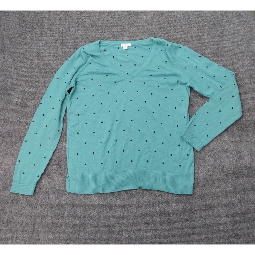 J Jill Sweater Womens Small Aqua Blue V Neck Polka Dot Long Sleeve Pullover